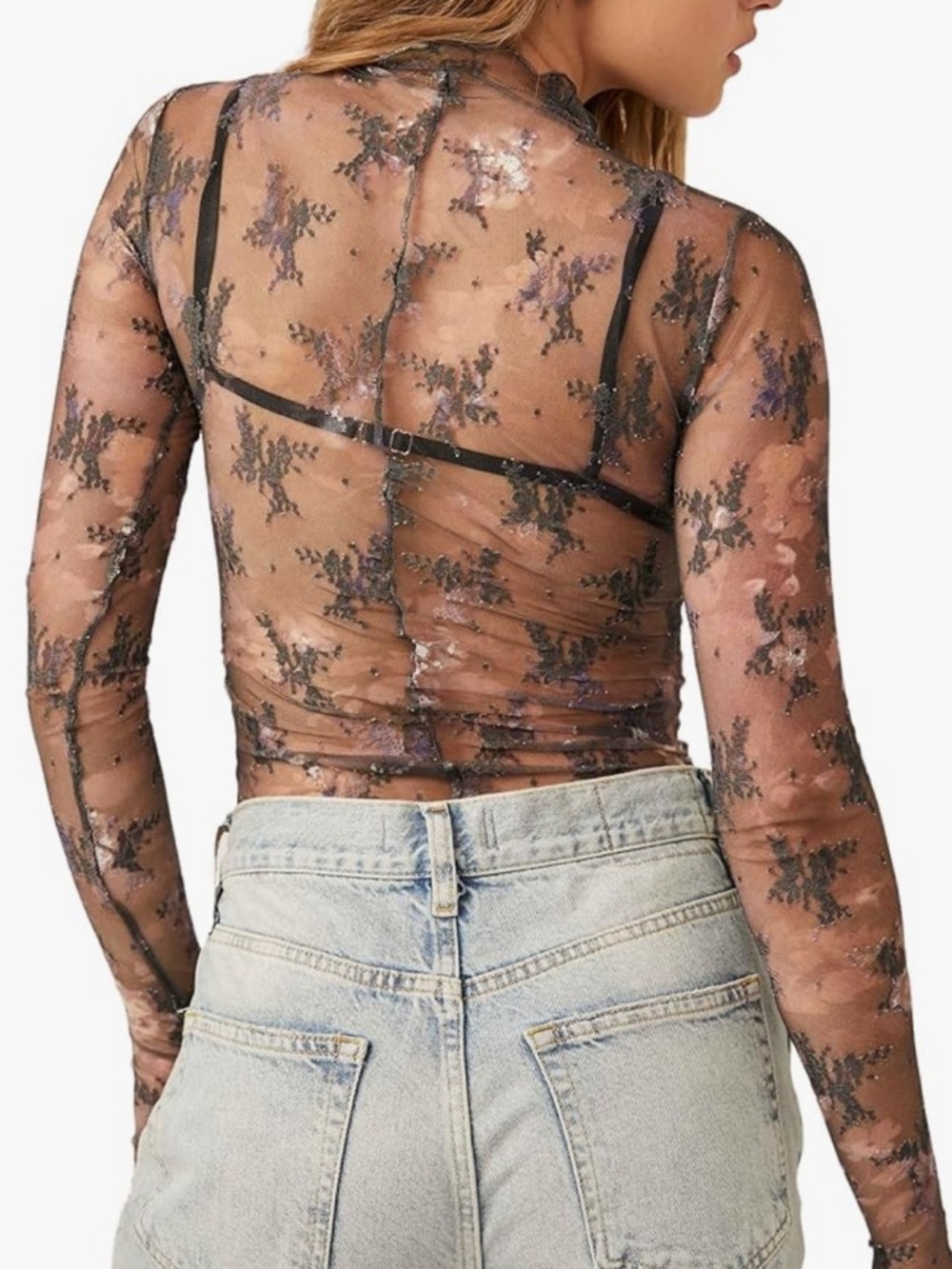 Free People Lady Lux Layering Sheer Black Floral Mesh Long-Sleeve Top M - Picture 7 of 8